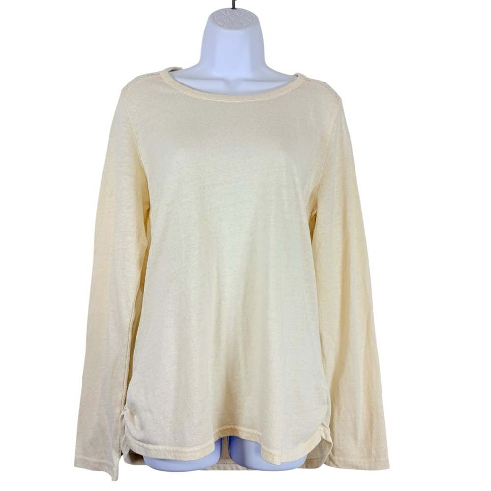 prAna Cream Long Sleeve Lace Shoulder Scoop Neck Top SzL Boho Casual Minimalist